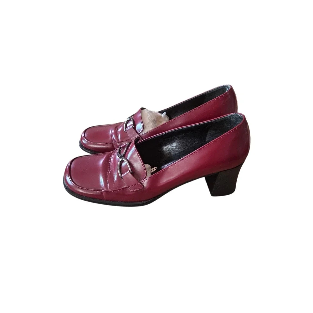 Via‎ Spiga Red Leather Horsebit Loafers Women's 7.5 Block Heel Made in Italy